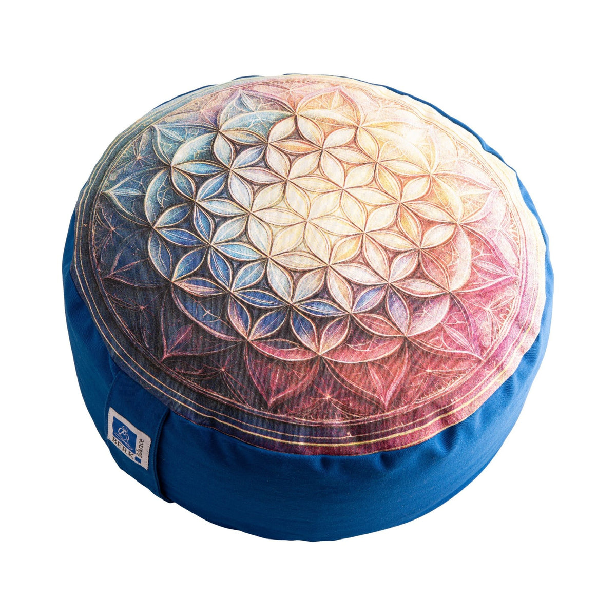 Meditationskissen Blume des Lebens in Blau, Ø 36 cm, freigestellt auf weißem Grund