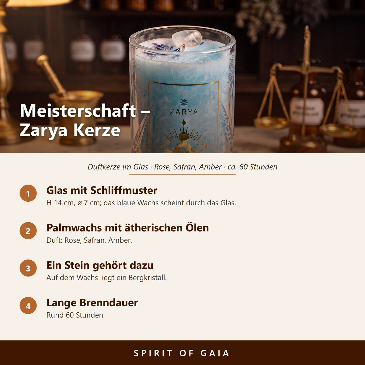 Übersicht zur Kerze Meisterschaft: Glas mit Schliffmuster, Palmwachs mit ätherischen Ölen, Bergkristall, rund 60 Stunden Brenndauer