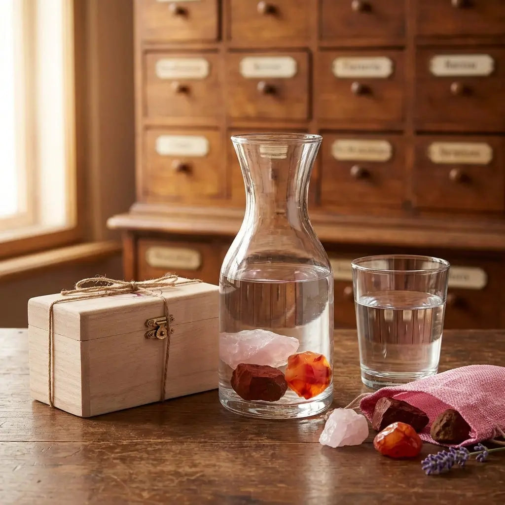 Wassersteine Liebe & Zuneigung im Holzkästchen mit Glaskaraffe (Steine im Wasser) und Wasserglas – Rosenquarz, Roter Jaspis und Karneol – Spirit of Gaia