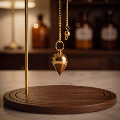 Klassisches Tropfenpendel aus vergoldetem Messing, 2,4 cm, mit Kette: hängt frei an seiner Kette von einem Messingständer über einem schlichten runden Pendelbrett aus Nussbaum, warme Abendstimmung – Spirit of Gaia