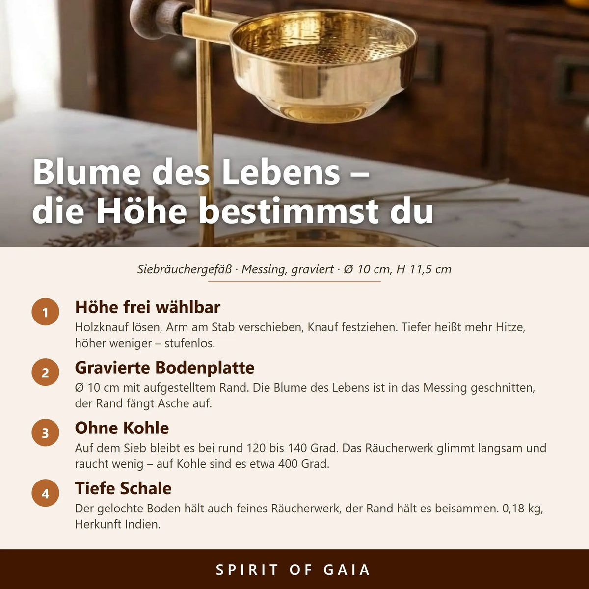 Infografik zum Siebräuchergefäß Blume des Lebens mit vier Punkten zu Höhenverstellung, Bodenplatte, Temperatur und Schale