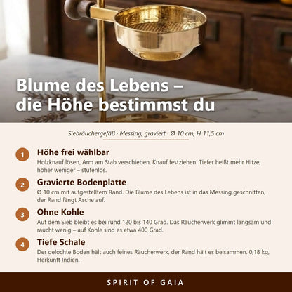 Infografik zum Siebräuchergefäß Blume des Lebens mit vier Punkten zu Höhenverstellung, Bodenplatte, Temperatur und Schale