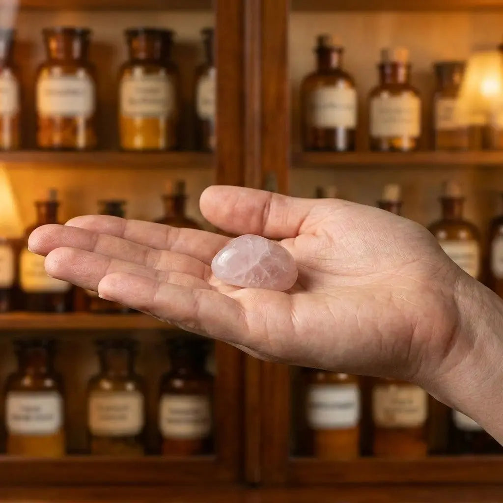 Rosenquarz Trommelstein – Größenvergleich in der Hand, ca. 2 bis 3 cm