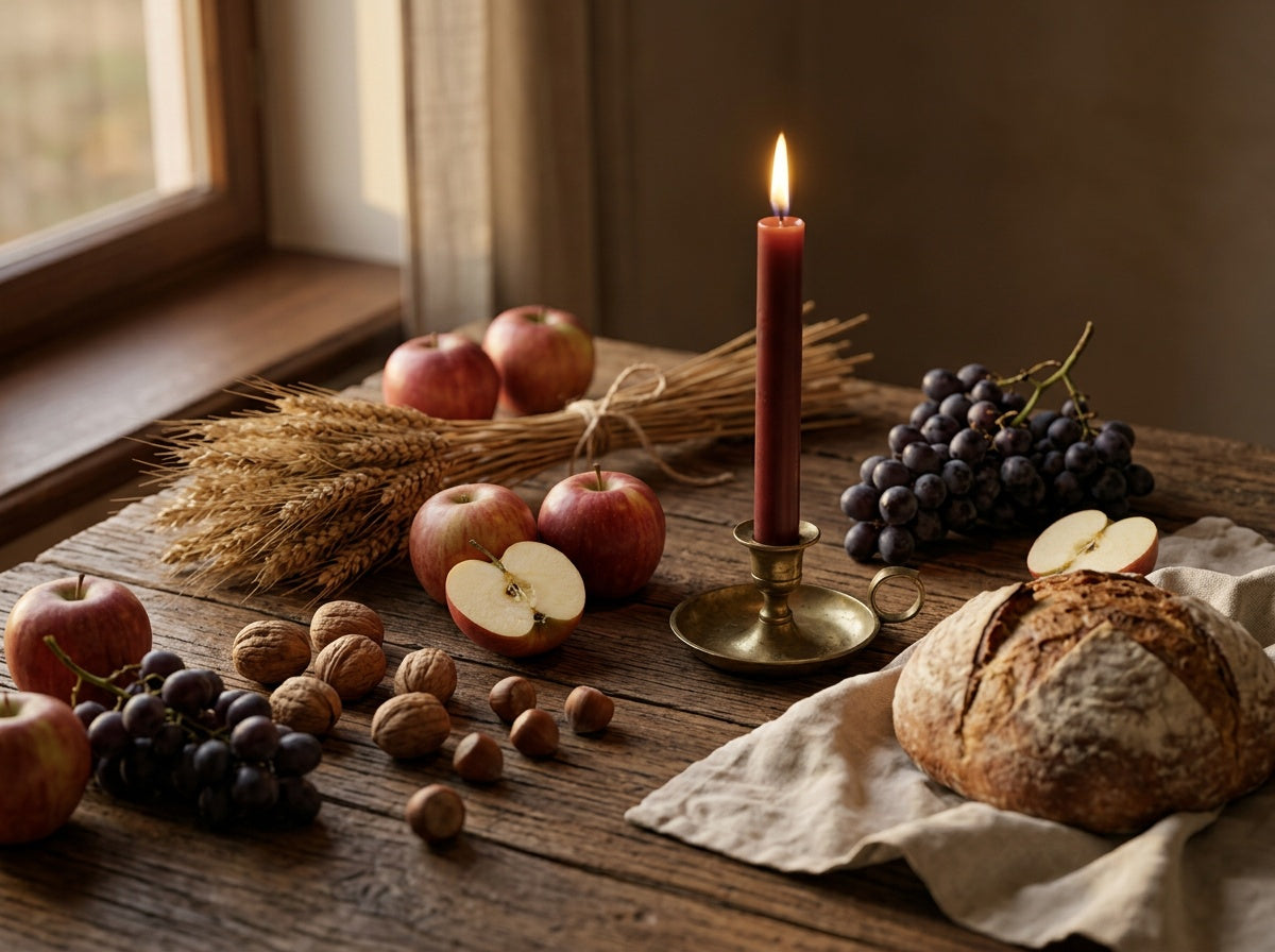 Ein Holztisch mit Äpfeln, Walnüssen, Trauben, Getreideähren, einem Laib Brot und einer brennenden dunkelroten Kerze im warmen Herbstlicht