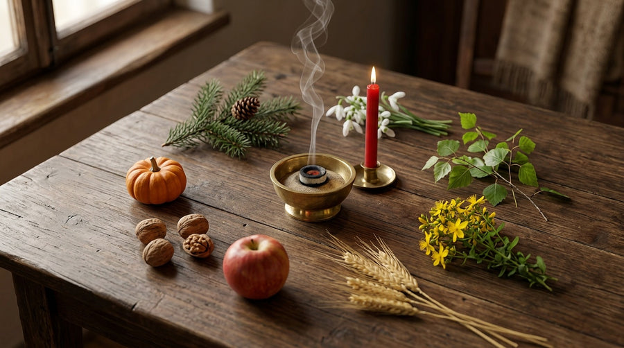 Auf einem Holztisch liegen im Kreis um eine Räucherschale ein Tannenzweig, Schneeglöckchen, ein Birkenzweig, Johanniskraut, Ähren, ein Apfel, Walnüsse und ein kleiner Kürbis, daneben brennt eine rote Kerze