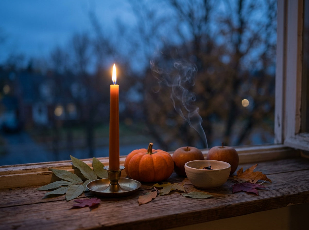 Eine brennende Kerze steht im Abendlicht auf einer Fensterbank neben einem kleinen Kürbis, Äpfeln, Herbstlaub und einer Räucherschale, draußen dämmert es