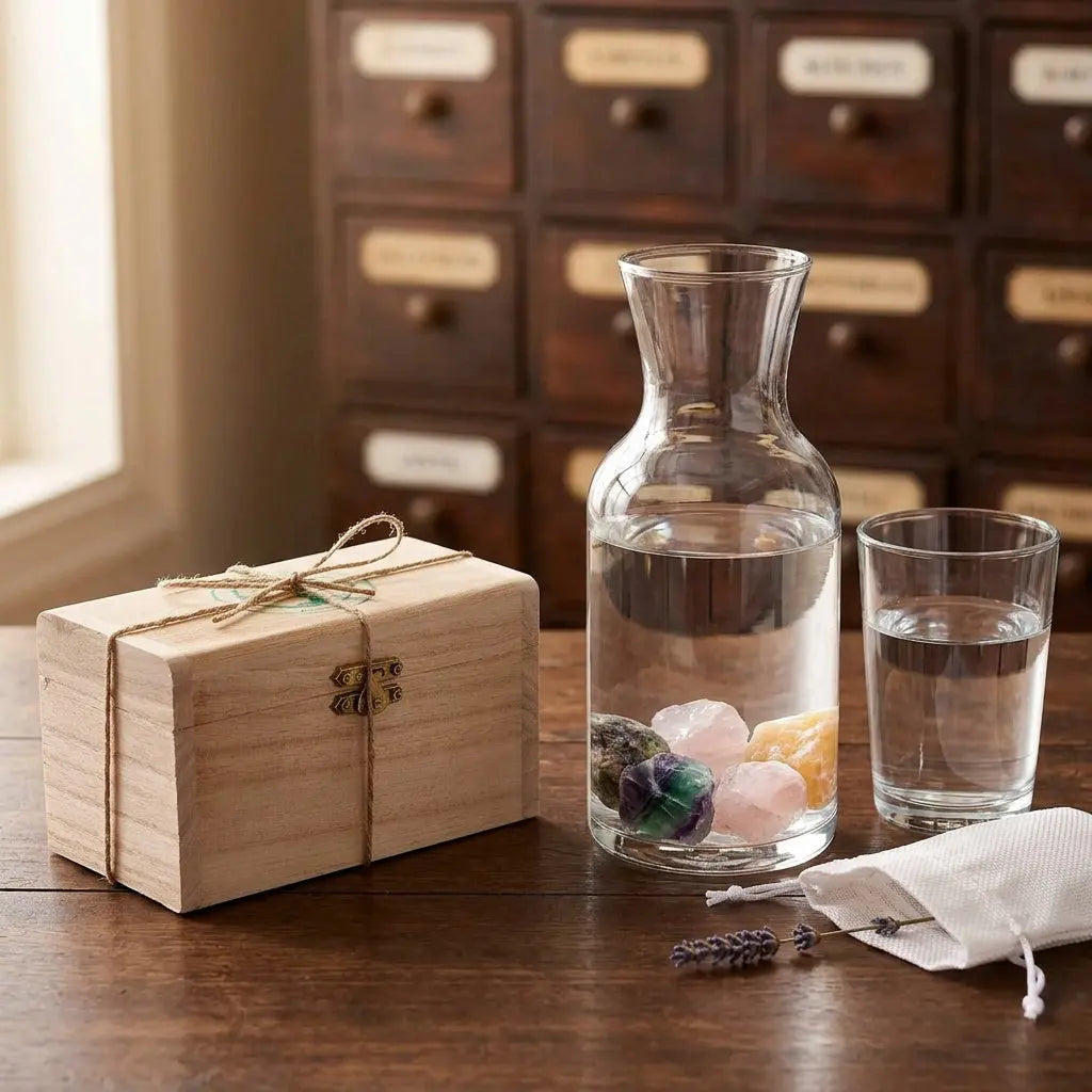 Wassersteine Guter Schlaf im Holzkästchen mit Glaskaraffe (Steine im Wasser) und Wasserglas – Regenbogenfluorit, Rosenquarz und Orangencalcit – Spirit of Gaia