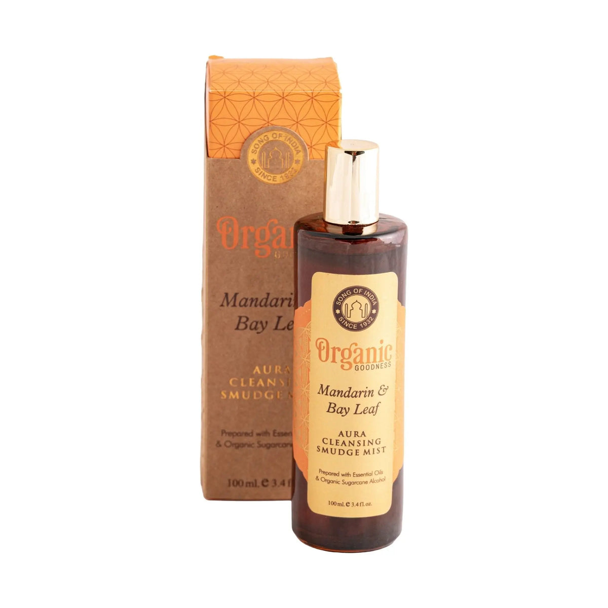 Aura Reinigungsspray Mandarine und Lorbeerblatt, 100 ml, Flasche und Schachtel freigestellt auf weißem Grund