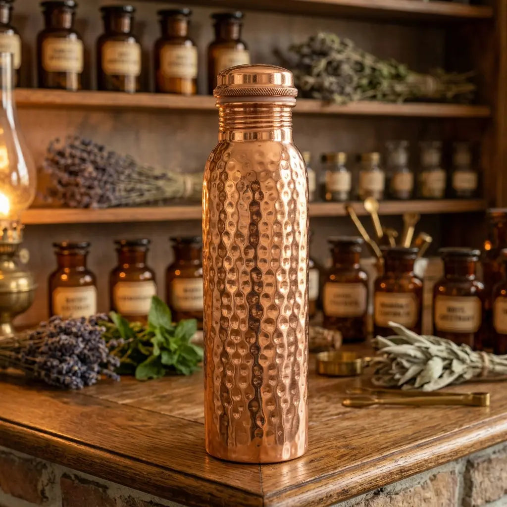 Gehämmerte Kupfer-Trinkflasche Ayurveda aus seitlichem Blickwinkel im Apothekerregal