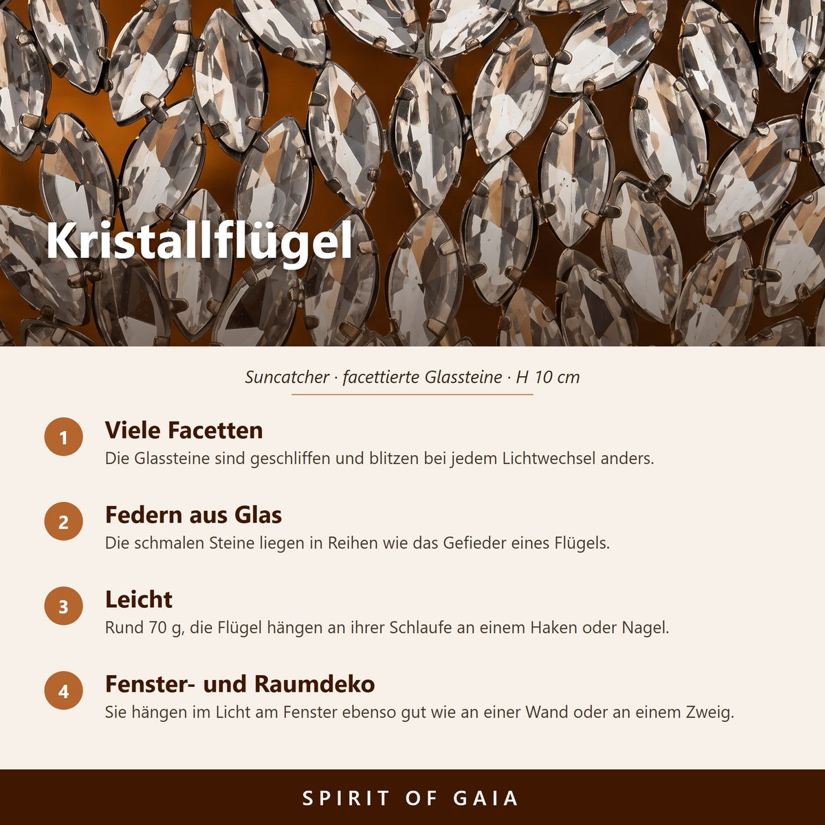 Übersicht zu den Kristallflügeln: facettierte Glassteine, silberner Stahl, 10 cm hoch, mit Schlaufe zum Aufhängen