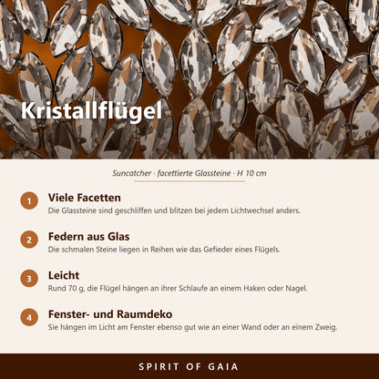 Übersicht zu den Kristallflügeln: facettierte Glassteine, silberner Stahl, 10 cm hoch, mit Schlaufe zum Aufhängen