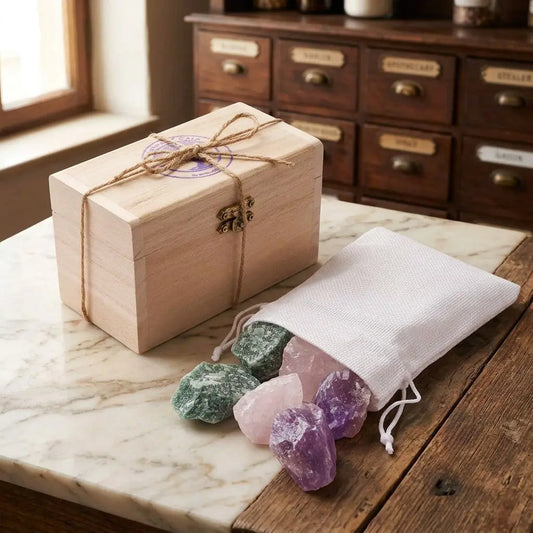Wassersteine Entspannung im Holzkästchen mit Amethyst, Rosenquarz und grünem Aventurin, Rohsteine neben offenem weißen Jutesäckchen – Spirit of Gaia