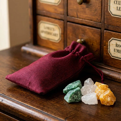 Dunkelrotes Jutesäckchen der Wassersteine Kraft und Mut mit Jutestruktur und Rohsteinen Aventurin, Orangencalcit und Bergkristall – Spirit of Gaia