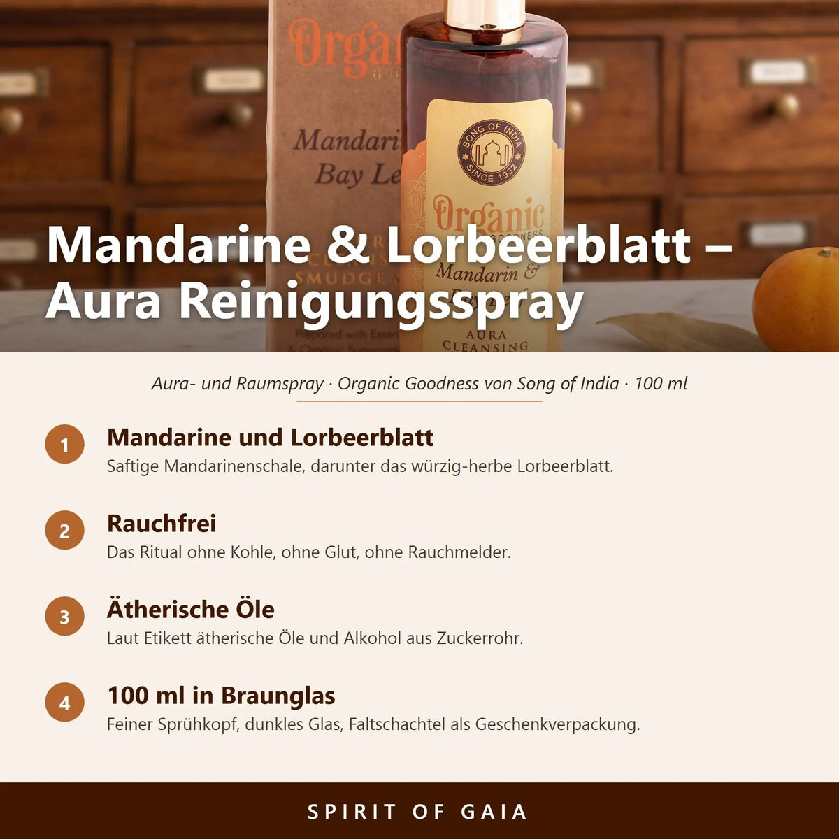 Übersicht zum Aura Reinigungsspray Mandarine und Lorbeerblatt: Duft, rauchfreie Anwendung, ätherische Öle und Füllmenge 100 ml