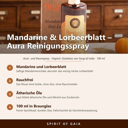 Übersicht zum Aura Reinigungsspray Mandarine und Lorbeerblatt: Duft, rauchfreie Anwendung, ätherische Öle und Füllmenge 100 ml