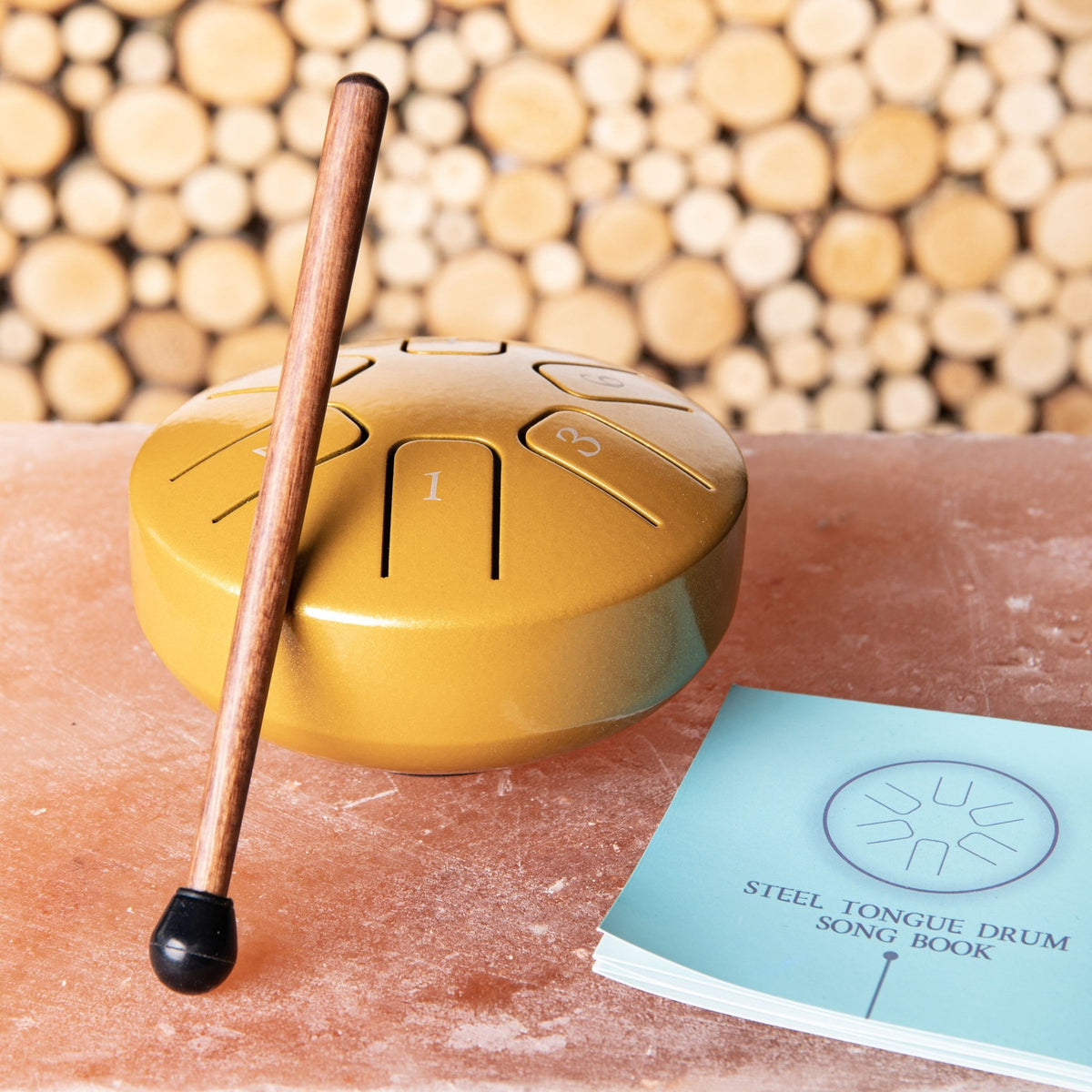 Die kleine goldene Steeldrum mit Klangstab und dem kleinen Liederbuch