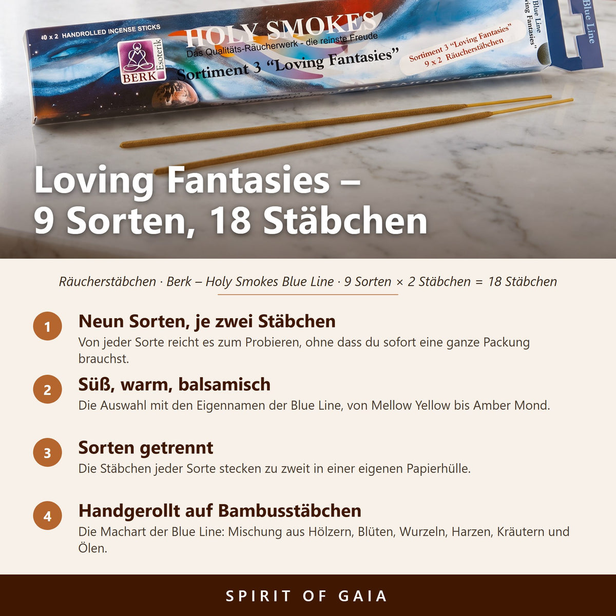 Infografik zum Blue Line Sortiment 3 Loving Fantasies: neun Sorten mit je zwei Stäbchen, handgerollt, Sorten getrennt