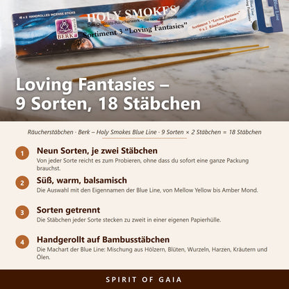 Infografik zum Blue Line Sortiment 3 Loving Fantasies: neun Sorten mit je zwei Stäbchen, handgerollt, Sorten getrennt