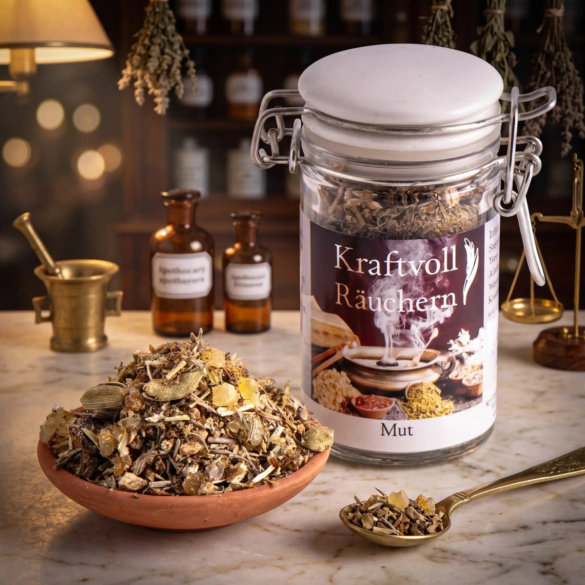 Mut, Räuchermischung der Reihe Kraftvoll Räuchern von Berk, 60 ml im Bügelglas: Glas auf der Marmortheke einer alten Apotheke am Abend, davor eine Terracottaschale mit der losen Mischung und ein Messinglöffel – Spirit of Gaia