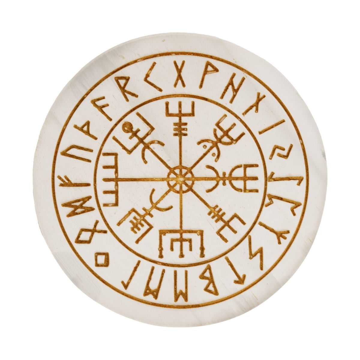 Vegvisir-Platte aus Selenit, freigestellt auf weißem Grund