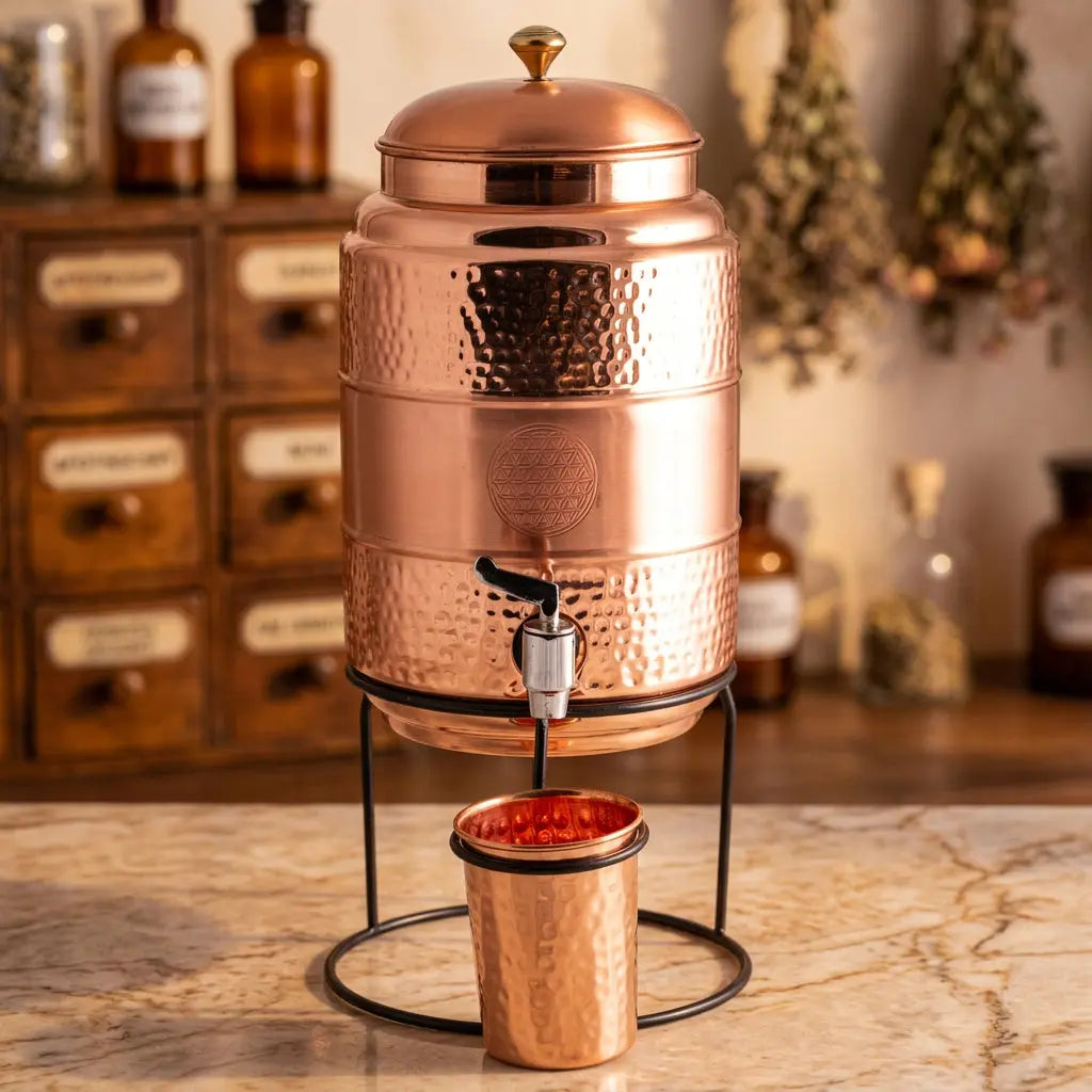 Kupferkaraffe 5 l Blume des Lebens mit Zapfhahn und Becher im Apothekerlook