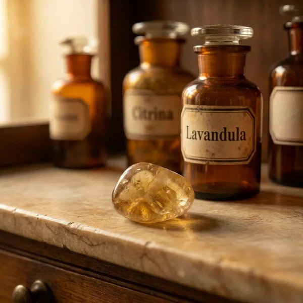 Citrin Trommelstein – goldgelber Heilstein im Apothekerschrank mit Apothekergläsern