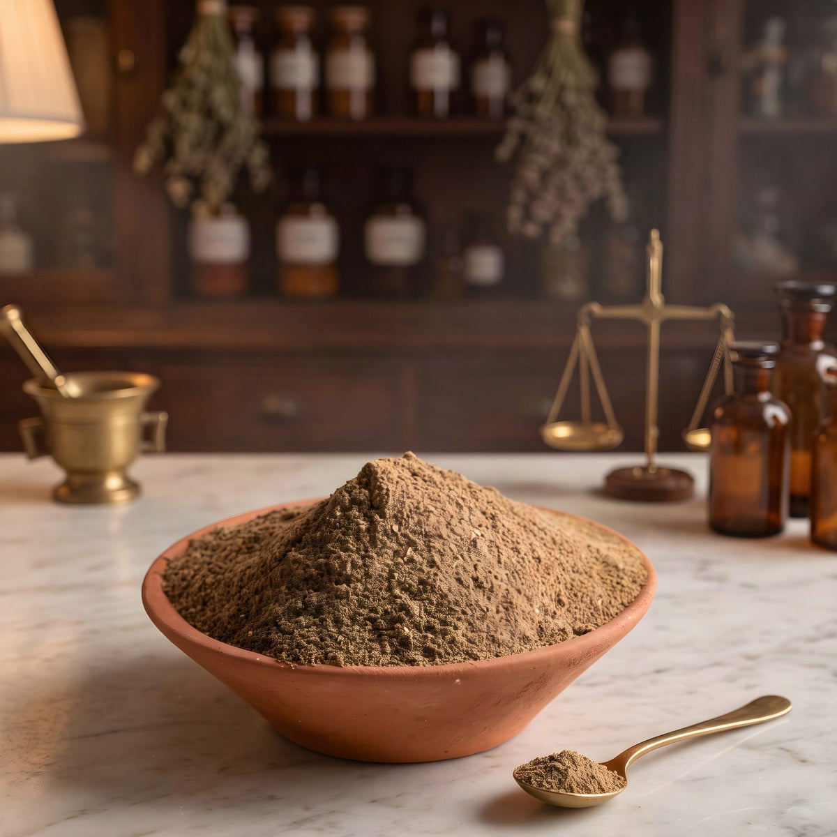 Kampferblätter von Berk: Terracottaschale mit braunem Blätterpulver und ein Messinglöffel auf der Marmortheke einer Apotheke am Abend
