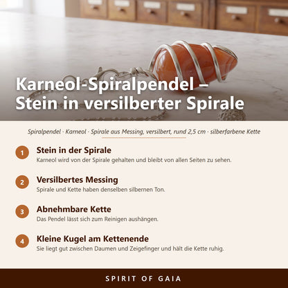 Übersicht zum Karneol-Spiralpendel: Stein in der Spirale, Versilbertes Messing, Abnehmbare Kette, Kleine Kugel am Kettenende