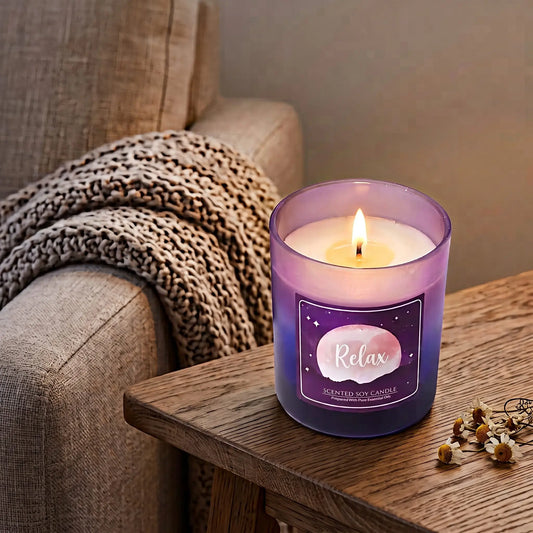 Duftkerze Relax im Glas: brennende Kerze im violetten Glas auf einem Beistelltisch neben einem Sessel mit Strickdecke, daneben Kamillenblüten