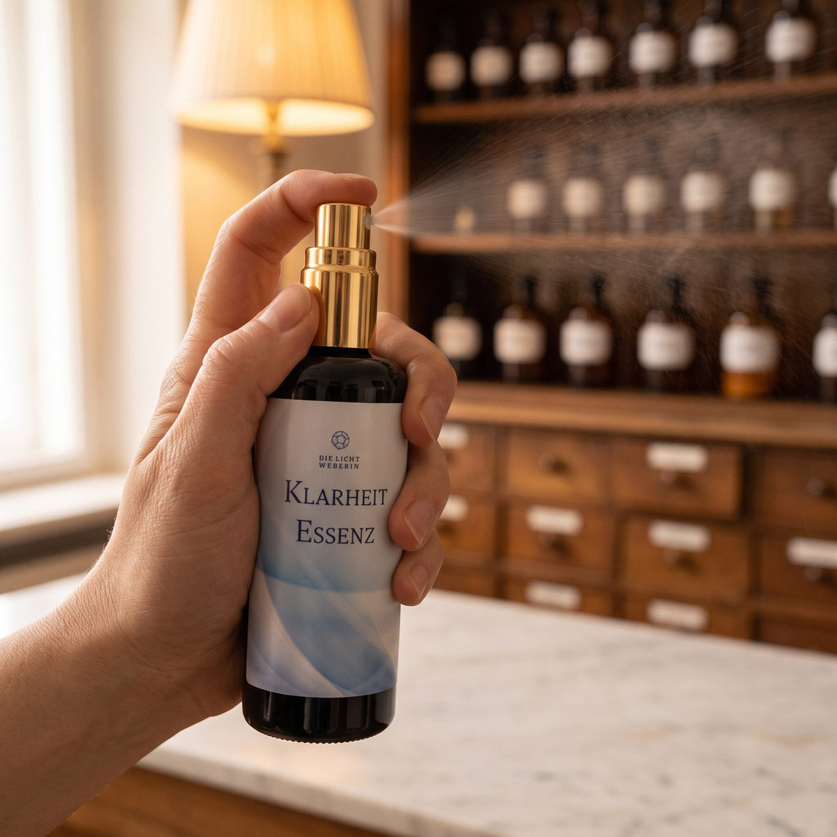 Eine Hand sprüht Klarheit Aura Spray fein in den Raum