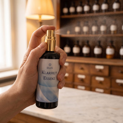 Eine Hand sprüht Klarheit Aura Spray fein in den Raum