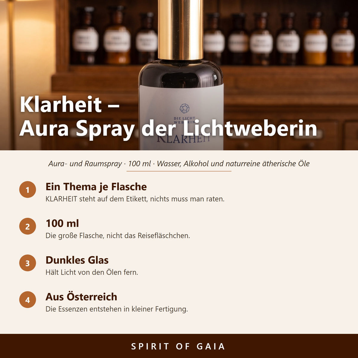 Übersicht zu Klarheit Aura Spray 100 ml: Ein Thema je Flasche, 100 ml, Dunkles Glas, Aus Österreich