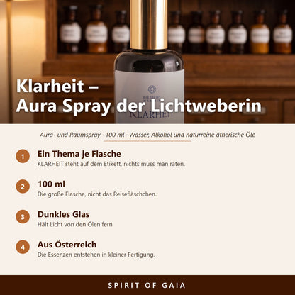 Übersicht zu Klarheit Aura Spray 100 ml: Ein Thema je Flasche, 100 ml, Dunkles Glas, Aus Österreich