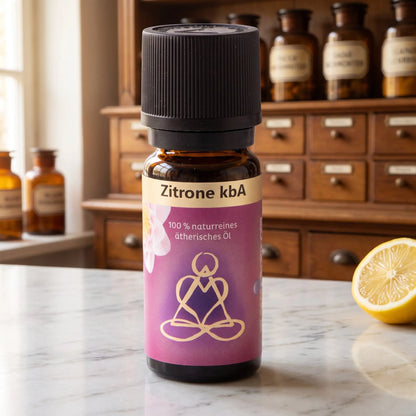 Ätherisches Öl Zitrone: Fläschchen aus Braunglas auf Marmortheke vor Apothekerschrank, daneben eine halbierte Zitrone – Spirit of Gaia