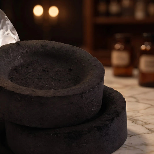 Schwarze Kohletabletten mit Mulde aus der Nähe
