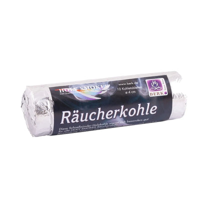 Rolle Räucherkohle mit zehn Kohletabletten Ø 4 cm, freigestellt auf weißem Grund