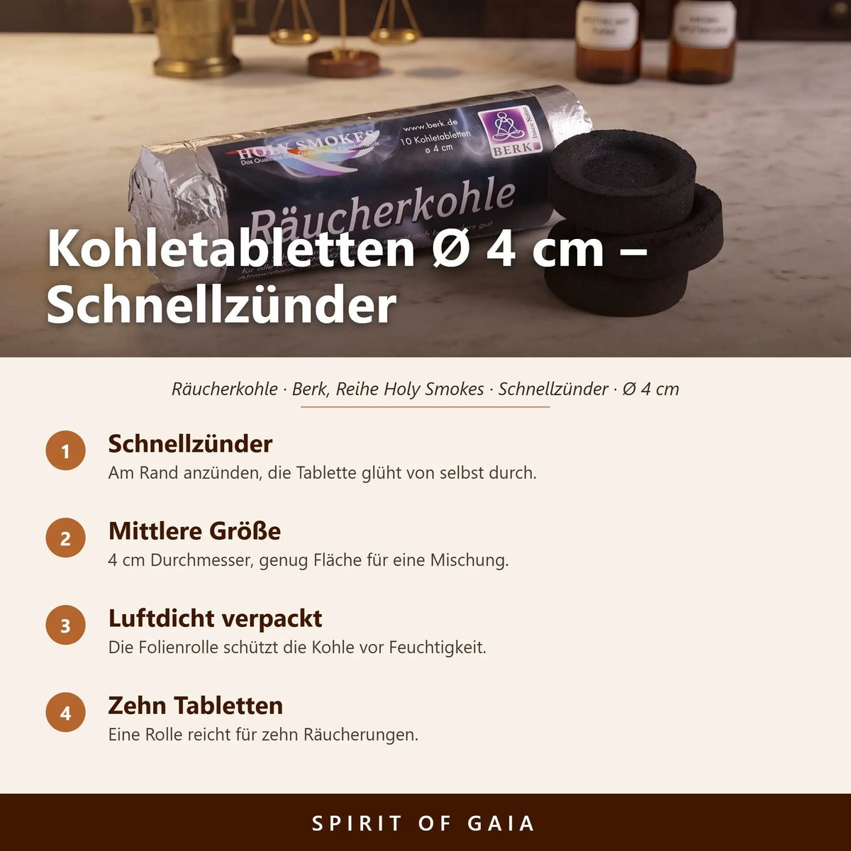 Übersicht zu Kohletabletten Ø 4 cm: Schnellzünder, Mittlere Größe, Luftdicht verpackt, Zehn Tabletten
