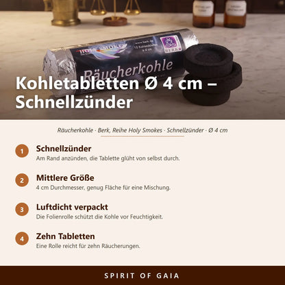 Übersicht zu Kohletabletten Ø 4 cm: Schnellzünder, Mittlere Größe, Luftdicht verpackt, Zehn Tabletten