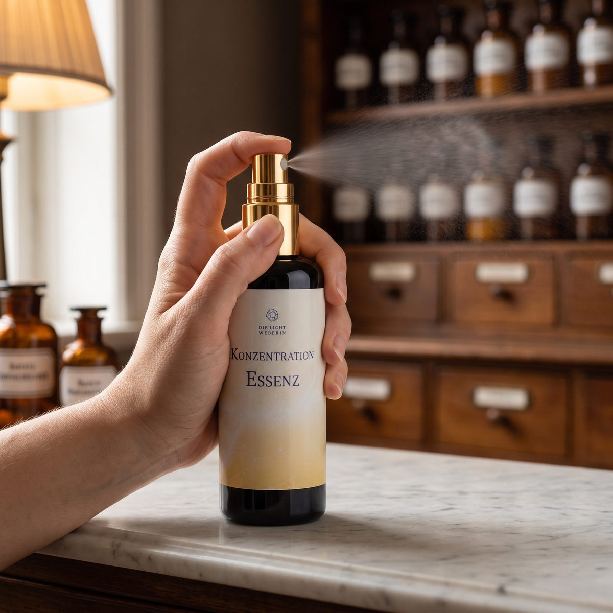 Eine Hand sprüht Konzentration Aura Spray fein in den Raum