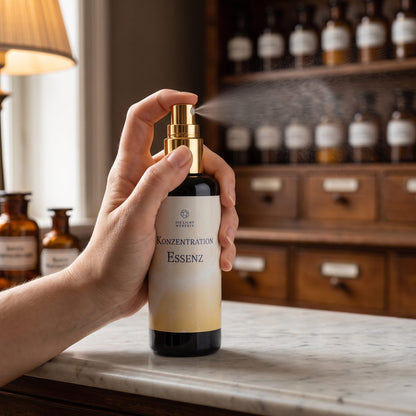 Eine Hand sprüht Konzentration Aura Spray fein in den Raum