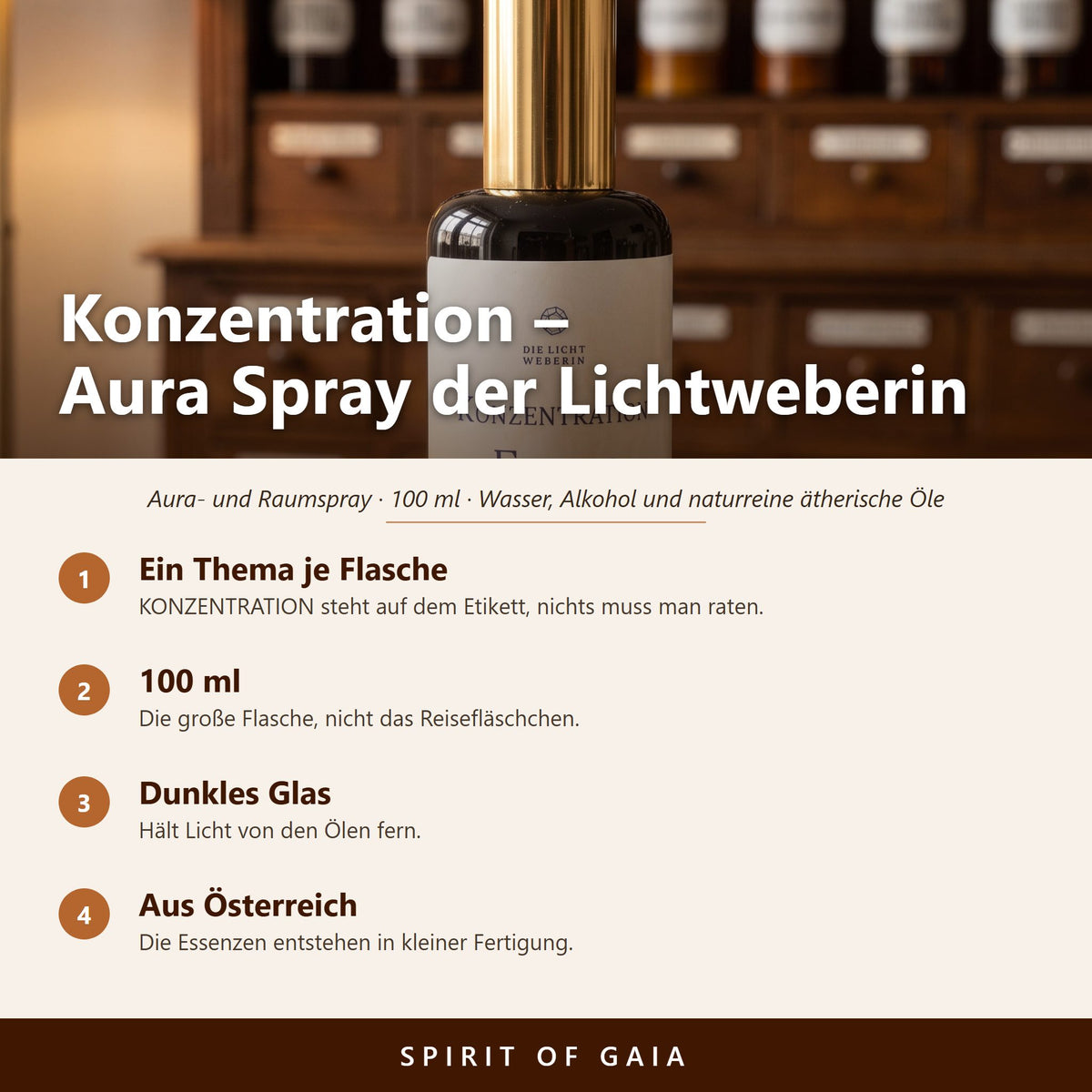 Übersicht zu Konzentration Aura Spray 100 ml: Ein Thema je Flasche, 100 ml, Dunkles Glas, Aus Österreich