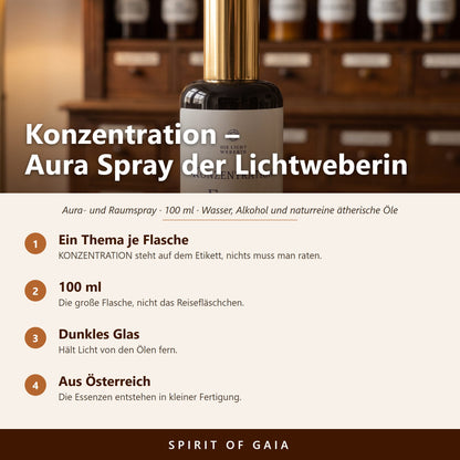 Übersicht zu Konzentration Aura Spray 100 ml: Ein Thema je Flasche, 100 ml, Dunkles Glas, Aus Österreich