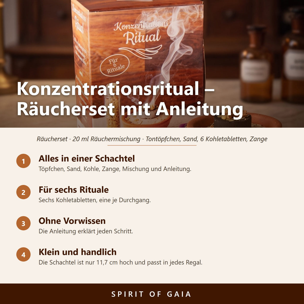 Übersicht zu Konzentrationsritual: Alles in einer Schachtel, Für sechs Rituale, Ohne Vorwissen, Klein und handlich