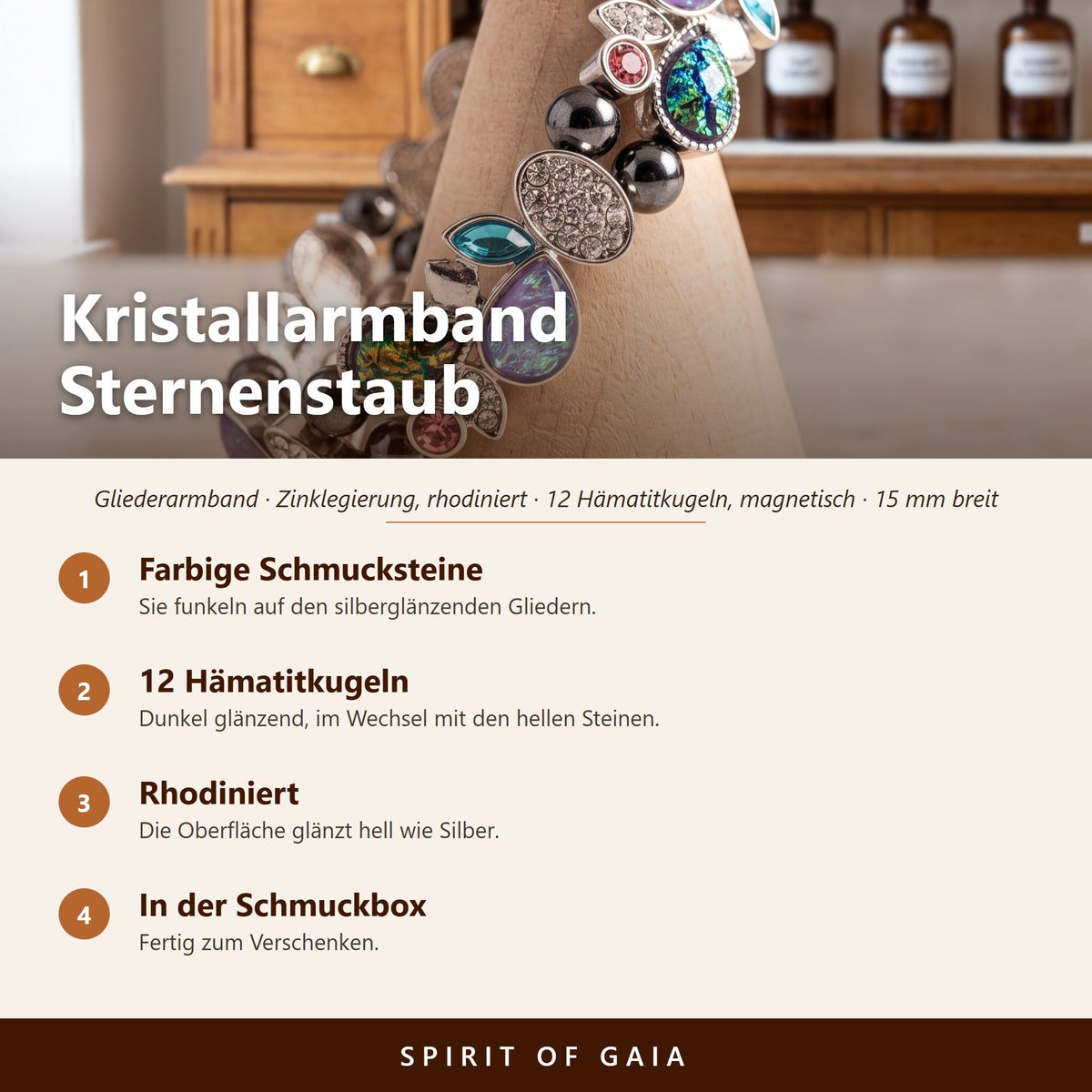 Übersicht zum Kristallarmband Sternenstaub: farbige Schmucksteine, 12 Hämatitkugeln, rhodiniert, in der Schmuckbox