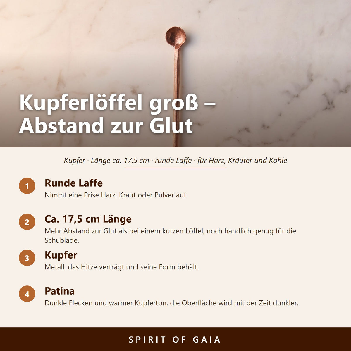Übersicht zu Kupferlöffel groß zum Räuchern: Runde Laffe, Ca. 17,5 cm Länge, Kupfer, Patina