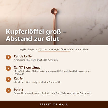 Übersicht zu Kupferlöffel groß zum Räuchern: Runde Laffe, Ca. 17,5 cm Länge, Kupfer, Patina