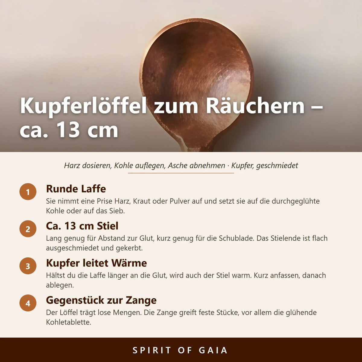Geschmiedeter Kupferlöffel mit runder Laffe und langem Stiel für Räucherwerk – Infografik mit den wichtigsten Angaben