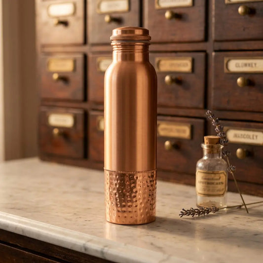 Kupfer-Trinkflasche mit gehämmertem Sockel auf Marmortheke vor Apothekerschrank – Spirit of Gaia