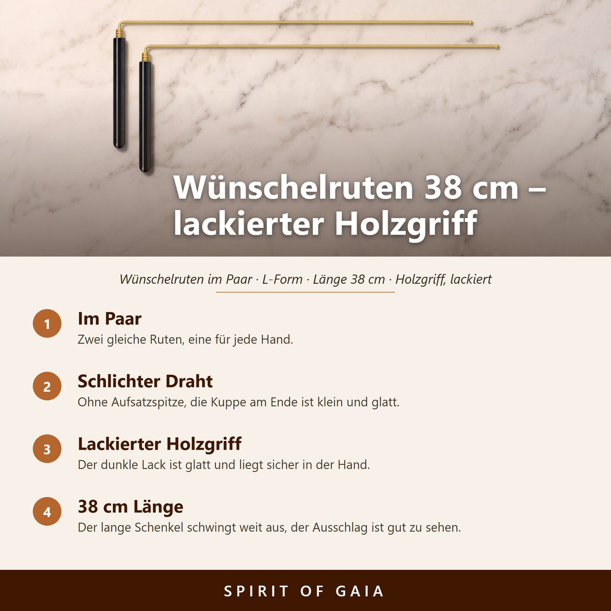 Übersicht zu den Wünschelruten 38 cm: Im Paar, schlichter Draht, lackierter Holzgriff, 38 cm Länge