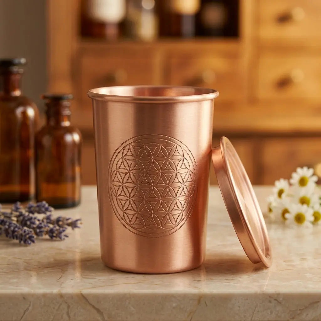 Kupferbecher Flower of Life mit separatem Deckel auf Marmortheke im Apotheker-Look – Spirit of Gaia